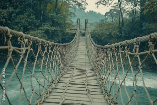 Fototapeta Rope bridge in the forest for adventure activity on recreation time, Selective focus bridge cross the river, Rope climbing.