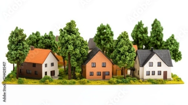 Fototapeta Charming suburban neighborhood, a row of houses with trees in the foreground picturesque