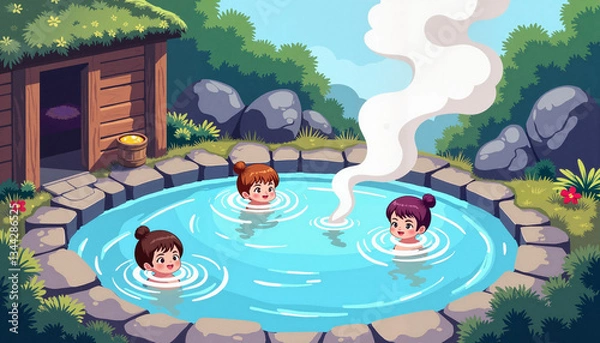 Fototapeta Animated characters enjoying hot springs in a vibrant landscape, nostalgia