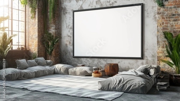 Obraz Empty art canvas in industrial loft with gray seating.  Possible use Interior design mockup