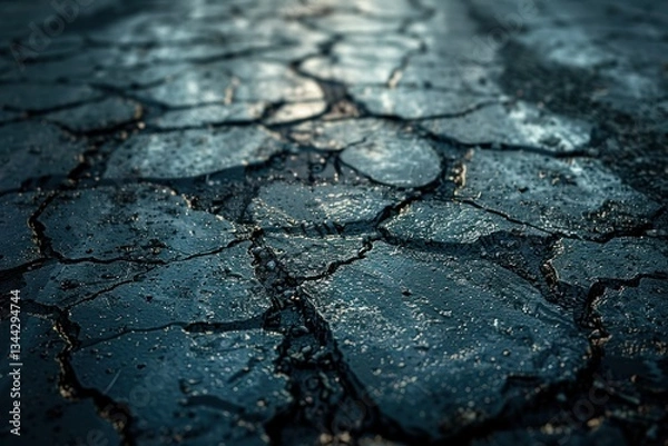 Obraz Highly textured asphalt road showcases wear and tear, with natural light enhancing its chaotic design and imperfections