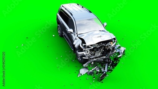 Fototapeta Generic 3d car crash test. Car destruction. Green screen isolate. 3 rendering,