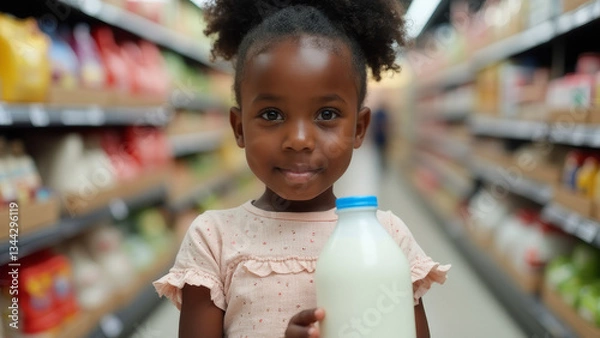 Obraz African American girl in a supermarket holding a milk with merchandise in the background
