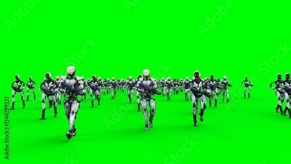 Fototapeta a crowd of walking robots with weapons. green screen.3d rendering.