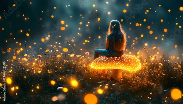 Fototapeta Girl sits on glowing mushroom in magical, firefly-filled meadow