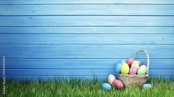 Obraz Festive Easter Eggs in Basket with Spring Grass on Blue Wooden Background