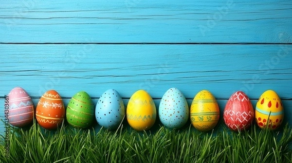 Obraz Colorful Easter Eggs in Grass on Blue Wooden Background