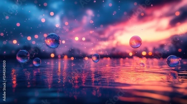 Obraz Colorful soap bubbles floating over water at sunset, dramatic sky reflected in surface