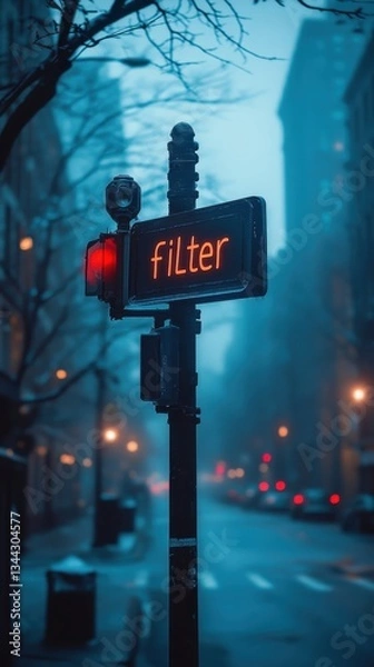 Fototapeta A Moody, Atmospheric Urban Scene Capturing a Foggy Street with an Illuminated Street Light and a Focus on the Intriguing "Filter" Sign