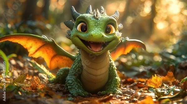 Fototapeta Playful dragon character smiling in a vibrant autumn forest setting