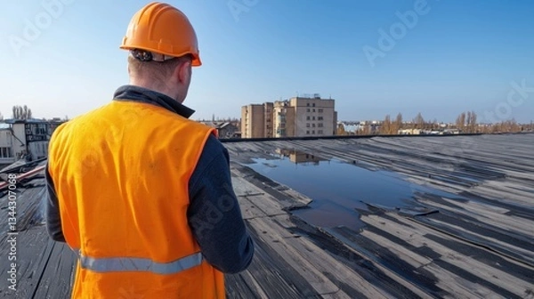 Obraz Roof Leak Concept, Contractor Inspecting Flat Roof for Water Leakage During Daylight in Urban Area with Clear Sky
