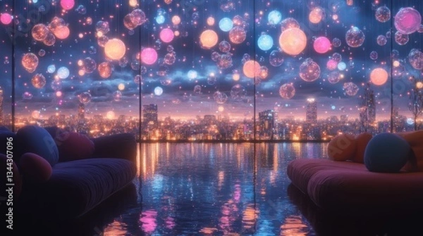 Obraz Futuristic Lounge with Colorful Bubbles, City View