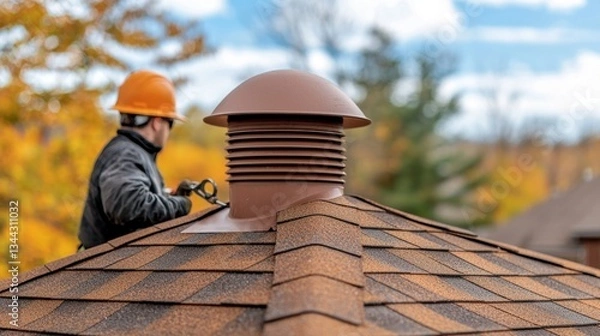 Fototapeta Roof Leak Concept, Roofer Working on Roof with Vent Pipe Installation to Secure Bolts and Prevent Leaks in Autumn Landscape