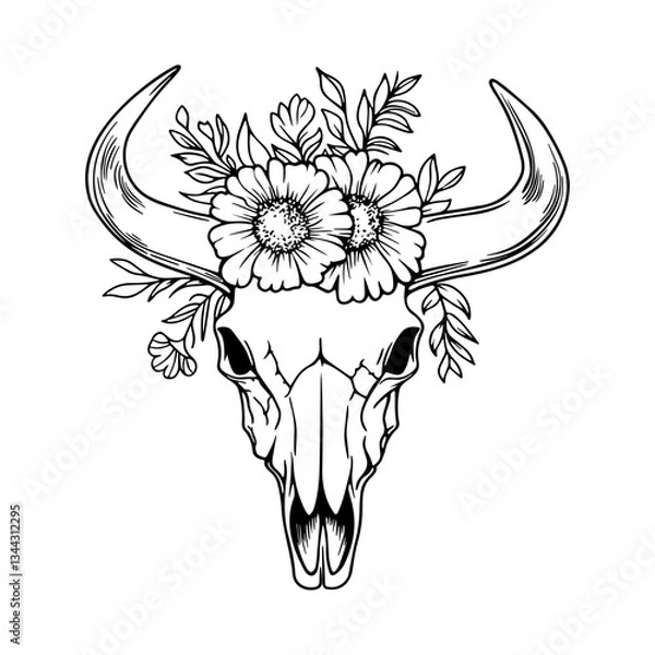 Obraz Skull of a bull with horns decorated with flowersSkull of a bull with horns decorated with flowers