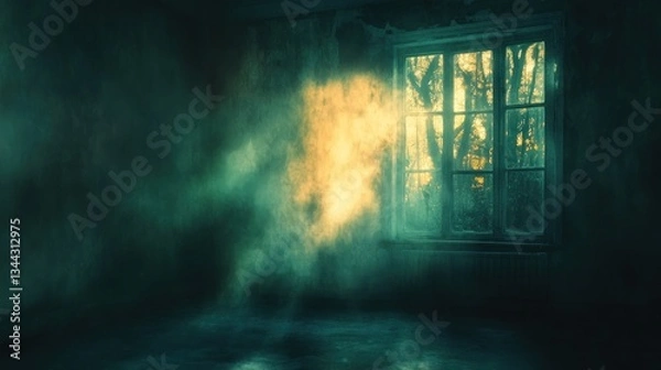 Obraz Abandoned room, misty window, sunlight through trees, background scene