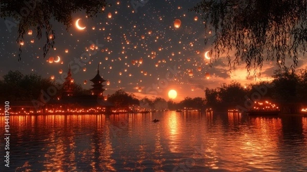 Obraz Lanterns float over river town at sunset