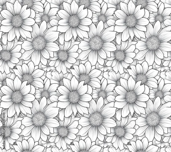Fototapeta Symmetrical Daisies in Black and White, Intricate Geometric Pattern for Coloring Books