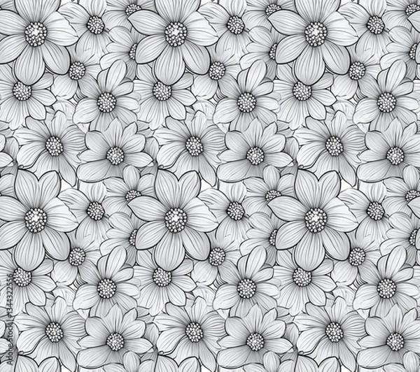 Fototapeta Symmetrical Daisies in Black and White, Intricate Geometric Pattern for Coloring Books