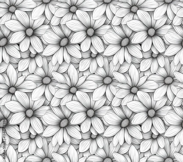Fototapeta Symmetrical Daisies in Black and White, Intricate Geometric Pattern for Coloring Books