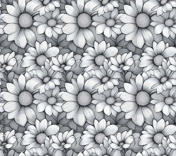 Fototapeta Symmetrical Daisies in Black and White, Intricate Geometric Pattern for Coloring Books