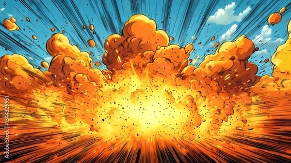 Fototapeta A comic book illustration of a large explosion with orange clouds and debris