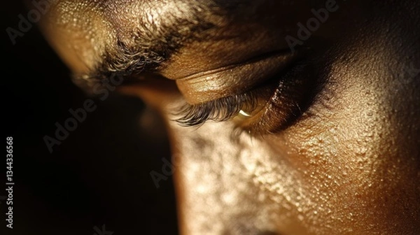 Fototapeta A sorrowful expression on a soldier returning from war.