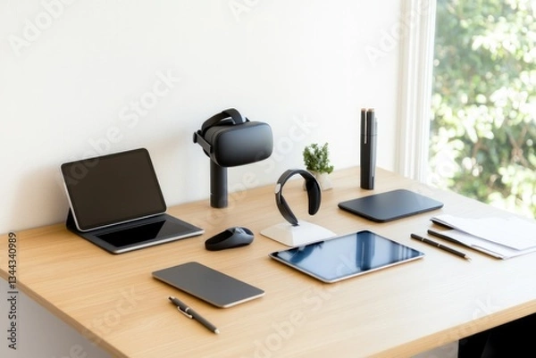 Fototapeta neatly arranged desk brimming with modern educational gadgets like tablets vr headsets and smart pens basking in gentle