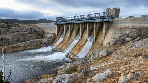 Fototapeta Massive concrete dam with powerful spillways releasing water. Hydroelectric power plant with gushing water in mountainous landscape