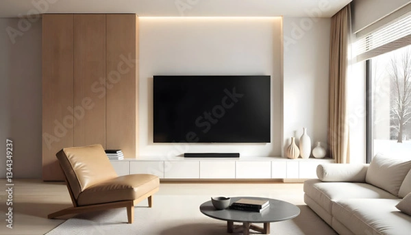Fototapeta A modern living room interior design with white and wooden built-in tv cabinet with armchair.