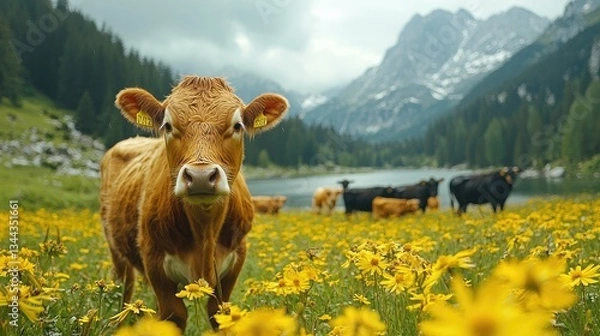 Fototapeta Brown cow in a vibrant flower field near a serene lake surrounded by mountains