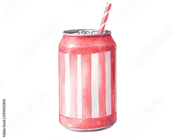 Fototapeta Refreshing red soda can with straw isolated on transparent background