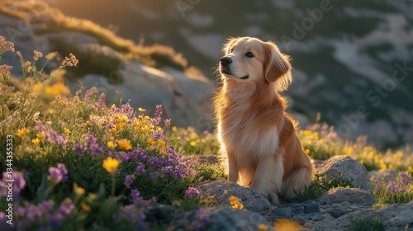 Fototapeta Golden Retriever Enjoying Sunset in Mountain Wildflower Meadow Serenity