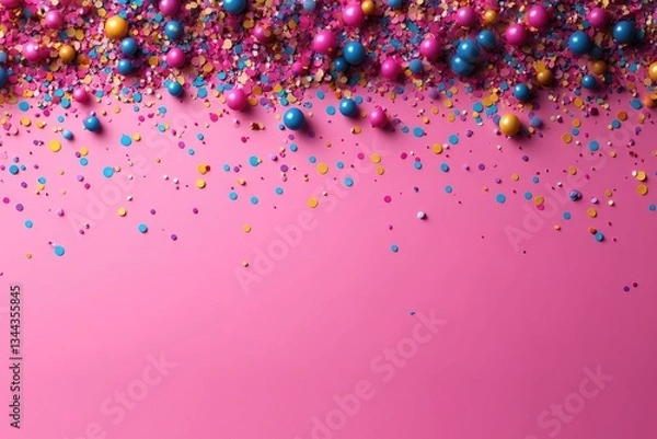 Obraz Top view flat lay of colorful confetti and sprinkles on pink background with ample copy space for text, perfect for birthday party decoration and concept, high-resolution realistic light and color, pr