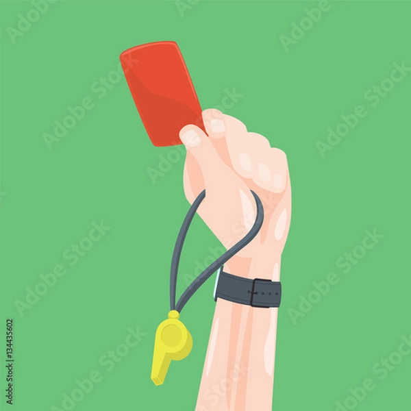 Obraz Soccer / Football Referee Hand With Red Card Whistle. Cartoon Style Vector Illustration.