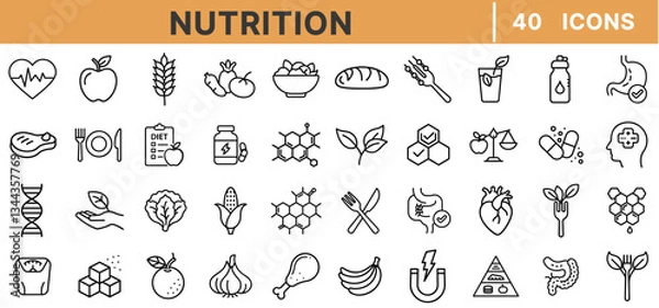 Fototapeta Nutrition Outline Icon Set – 40 Editable Vector Icons of Healthy Food, Vitamins, Supplements, Hydration, Organic Ingredients, Balanced Diet, and Wellness