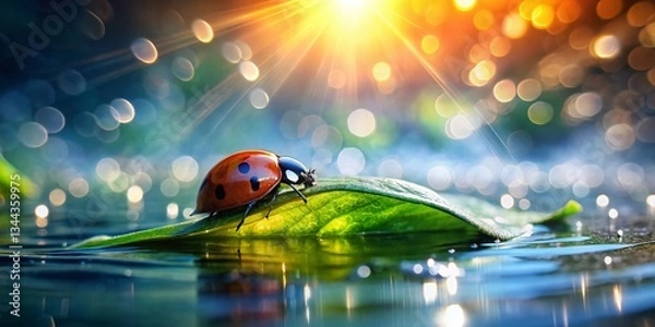Fototapeta Silhouette Ladybug on Wet Leaf - Macro Nature Photography