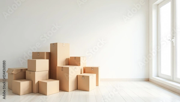 Obraz a stack of cardboard boxes in an empty white room