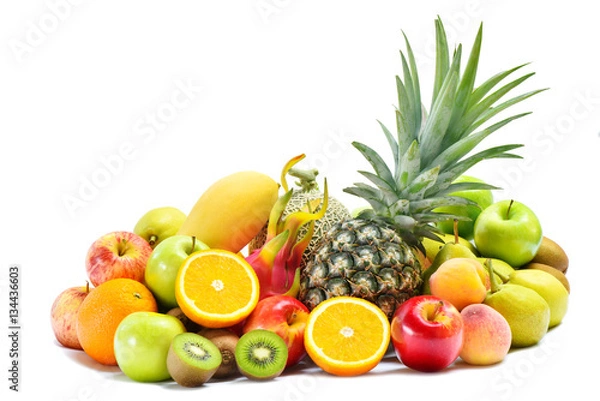 Obraz Group of ripe fruits for healthy and dieting, Various fresh fruits isolated on white background
