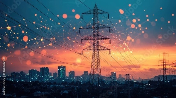 Fototapeta Sunset over a city skyline with power lines and digital connections glowing