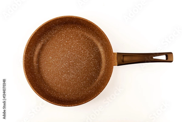 Fototapeta Metal frying pan:On white, wooden isolated background. Space for text.Ceramic non-stick coating: Kitchenware;Cooking food for chefs in the kitchen.Advertisement concept. Close-up