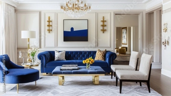 Fototapeta Hollywood chic living room, cream walls, oversized blue tufted sofa, brass sconces, crystal chandelier, cityscape at twilight