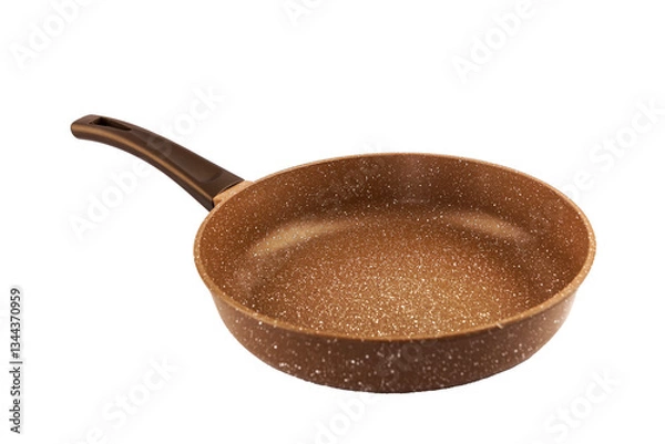 Fototapeta Metal frying pan:On white, wooden isolated background. Space for text.Ceramic non-stick coating: Kitchenware;Cooking food for chefs in the kitchen.Advertisement concept. Close-up