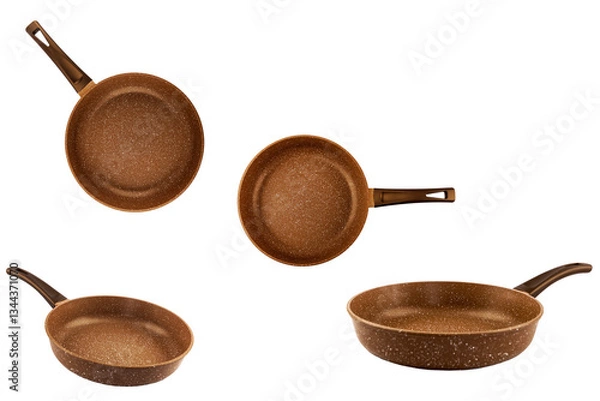 Fototapeta Metal frying pan:On white, wooden isolated background. Space for text.Ceramic non-stick coating: Kitchenware;Cooking food for chefs in the kitchen.Advertisement concept. Close-up