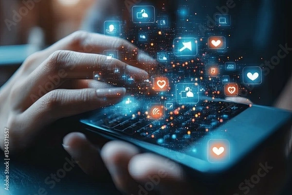 Fototapeta A person utilizing technology and engaging with digital social media
