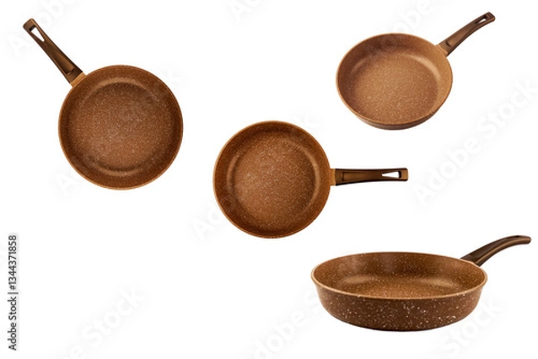 Fototapeta Metal frying pan:On white, wooden isolated background. Space for text.Ceramic non-stick coating: Kitchenware;Cooking food for chefs in the kitchen.Advertisement concept. Close-up