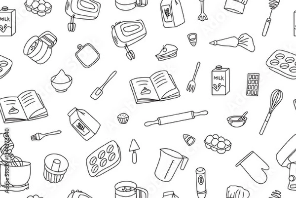 Fototapeta Seamless pattern of baking accessories. Kitchen utensils in doodle style on white background. Fashionable print for your design