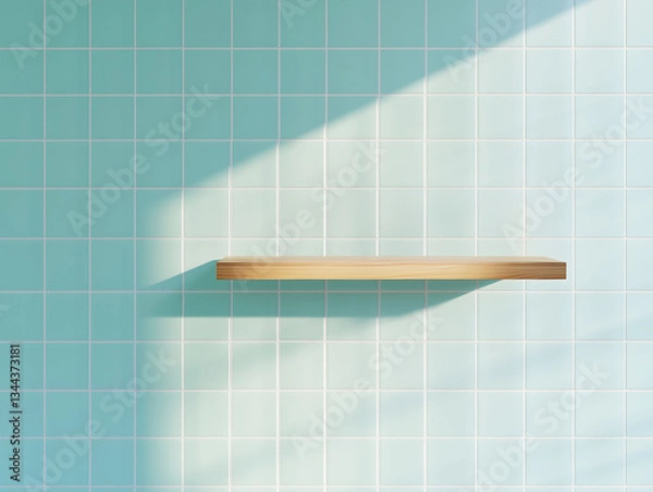 Obraz A wooden shelf mounted on blue tiled, clean and modern background for product placement in a bathroom setting.