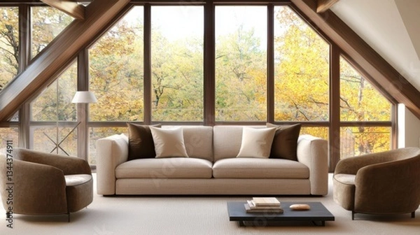 Fototapeta Luxurious modern attic loft living room, deep brown tones, oversized linen sofa with three solid pillows, legless armchairs, panoramic autumn forest view