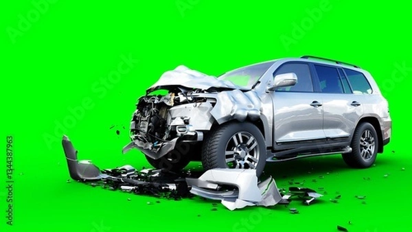 Fototapeta Generic 3d car crash test. Car destruction. Green screen isolate. 3 rendering,