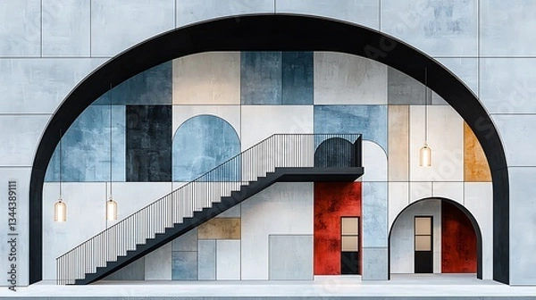 Obraz Modern architectural archway with colorful mosaic walls and stairs